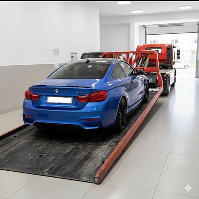 .سيارة رياضية: سطحة هيدروليك فل داون تنقل سيارة رياضية في حي الملقا بشمال الرياض.